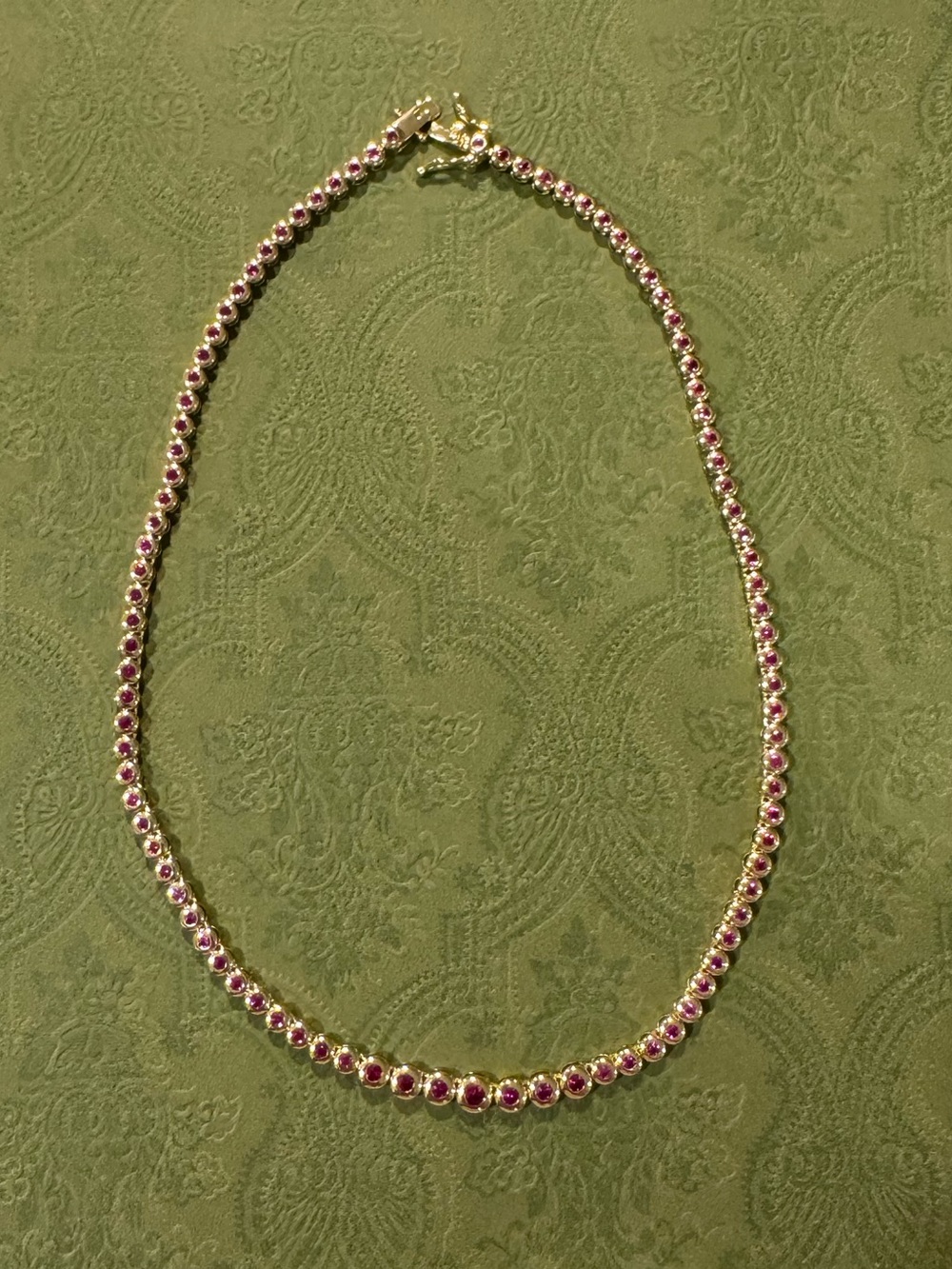 14K Gold Plated Ruby Red CZ Graduating Bezel Tennis Necklace 16”
